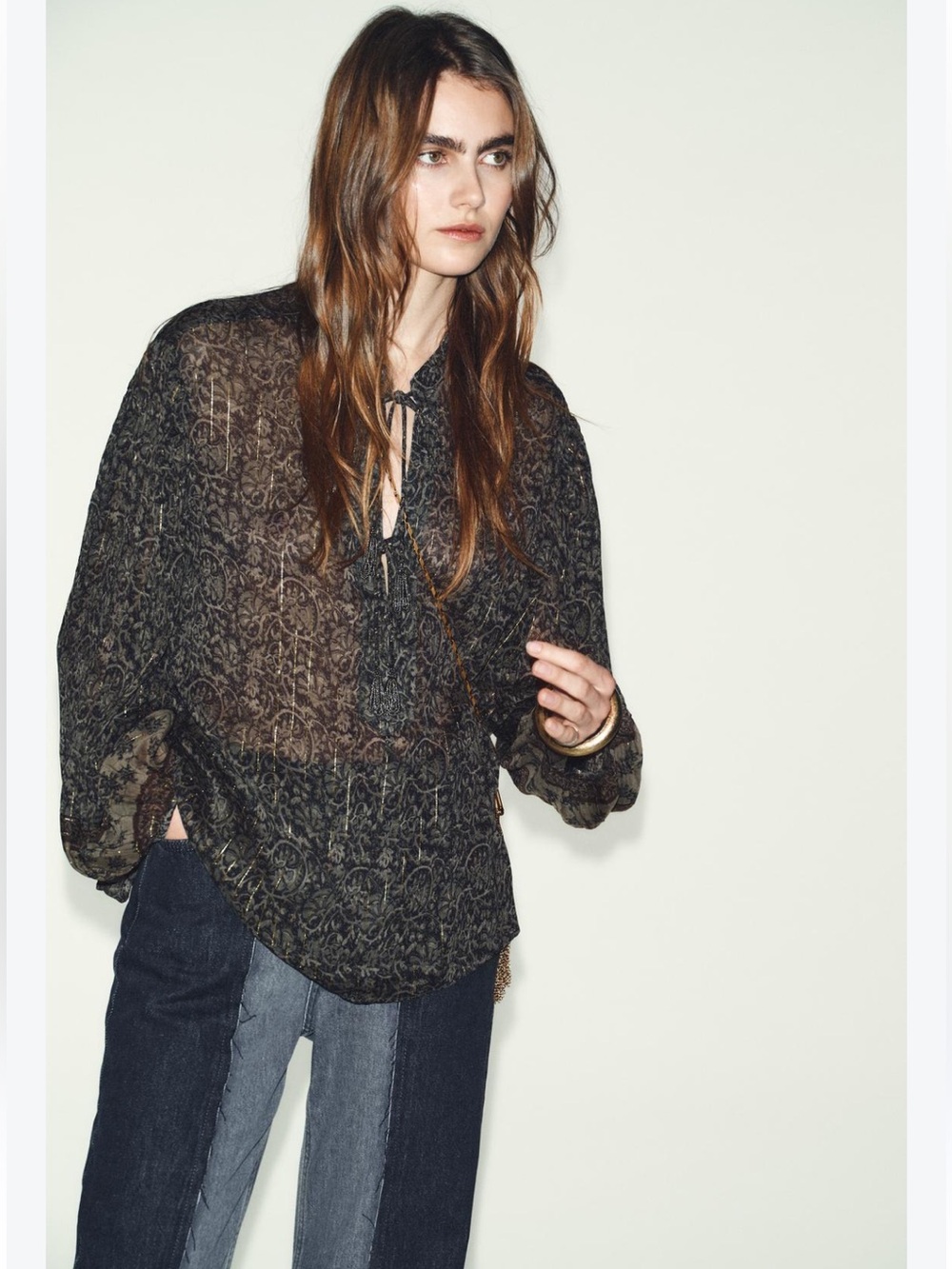 Zara Bohemian Green Metallic Blouse Size XL Western Semi-sheer Fall Autumn